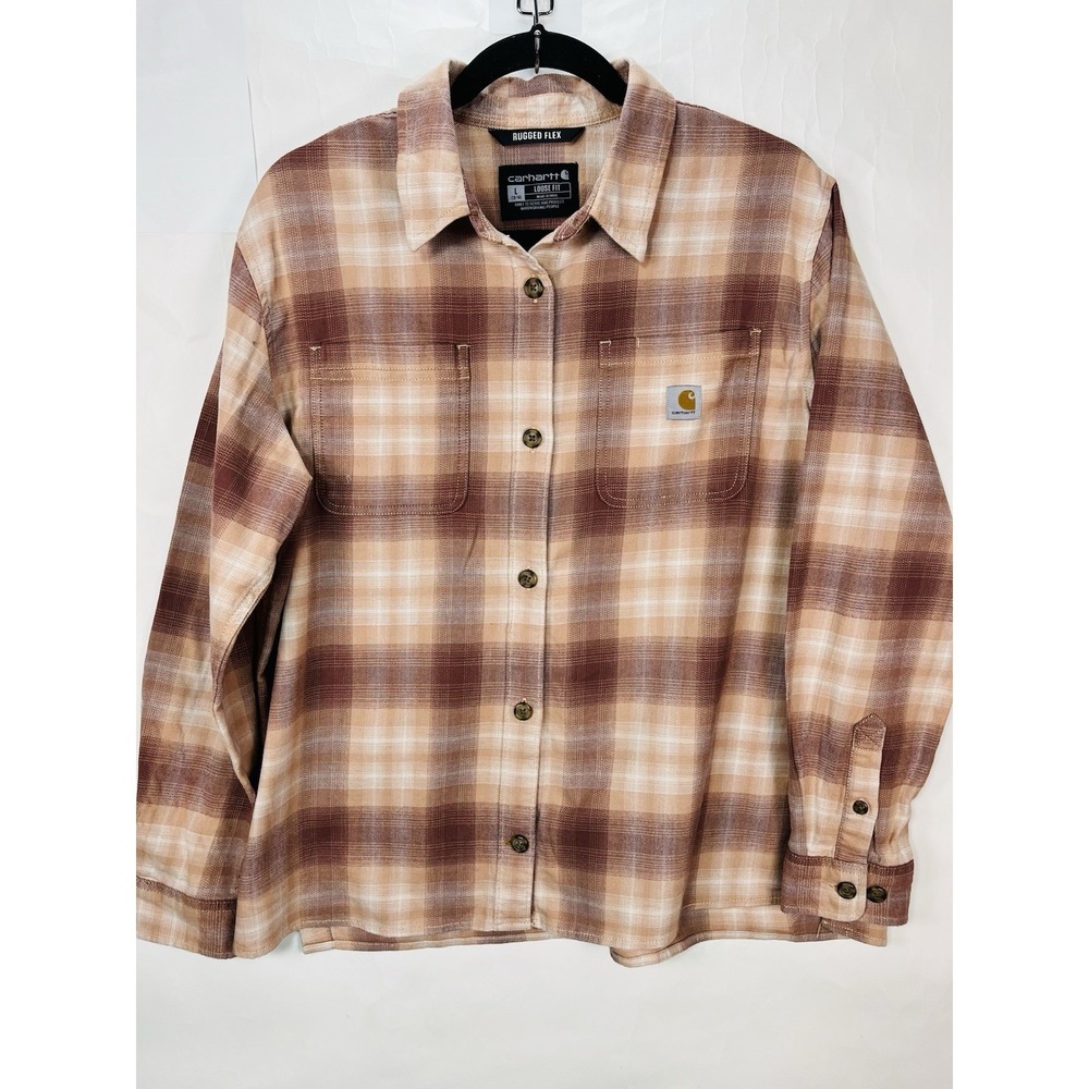 Carhartt Rugged Flex Loose Fit Womens Peach Maroon Flannel Shirt Size L Fall‎